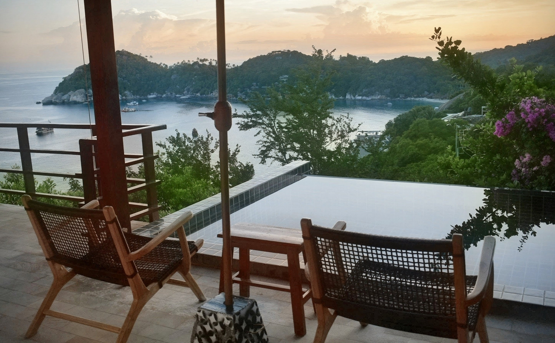 The Sailfish House — Our most intimate villa — a suite upstairs and a bedroom below, a plunge pool and a stunning, framed sea view at sunset. Beloved by couples.