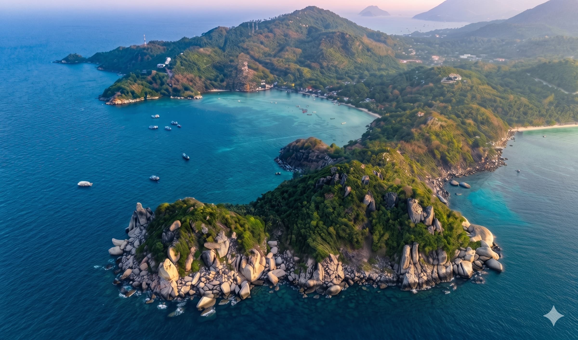 Aerial view of Koh Tao showing the ferry approach and bays around Mae Haad