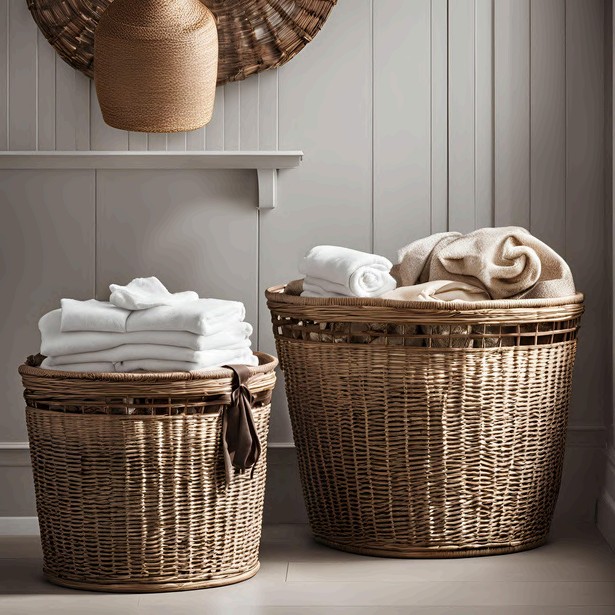 Two wicker baskets holding folded fresh white towels and blankets