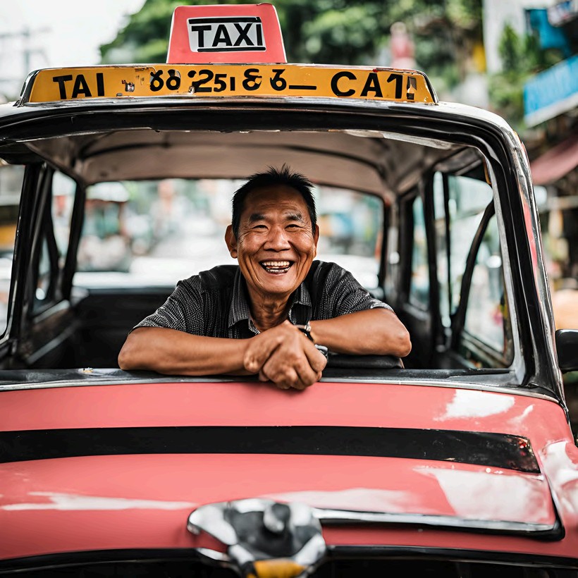 Smiling Koh Tao taxi driver leaning out of his pink taxi
